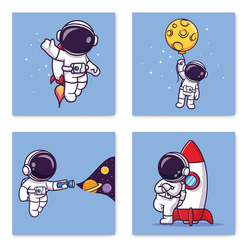 Kit 4 Quadros Astronauta Espaço Infantil Quarto Criança 00