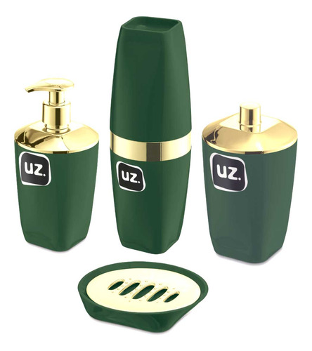 Kit Higiene 4 Pçs Banheiro Com Porta Escova E Saboneteira Uz Cor Verde/dourado