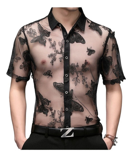 Camisas De Malla Hueca Para Hombre Con Bordado Transparente