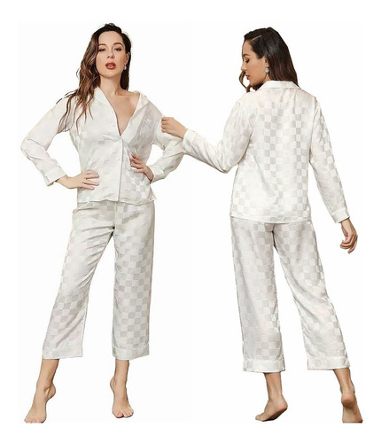 Elegante Pijama De Manga Larga De Seda Hielo A Cuadros