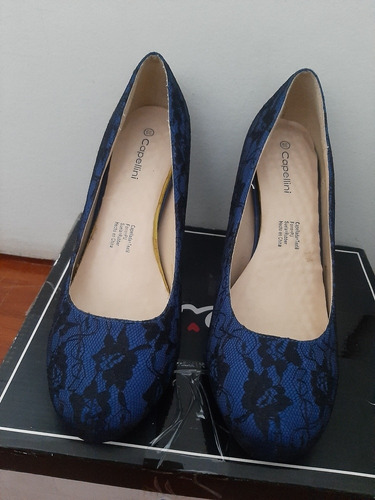 Zapato Taco, Color Azul Marino Con Negro, Talla 38,5