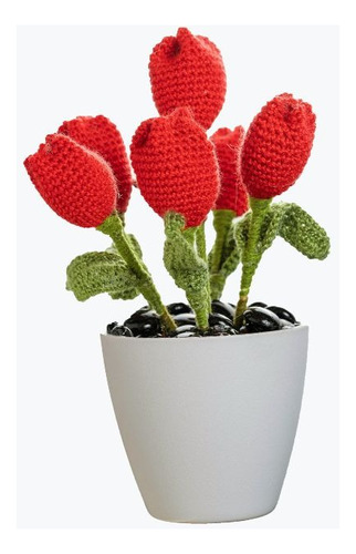 Ramo Arreglo Eterno Floral Mini Tulipan Crochet Y Maceta.