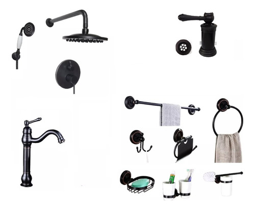 Set Negro Vintage Ducha Empotrada+ Accesorios+ Bidet+ Bacha 