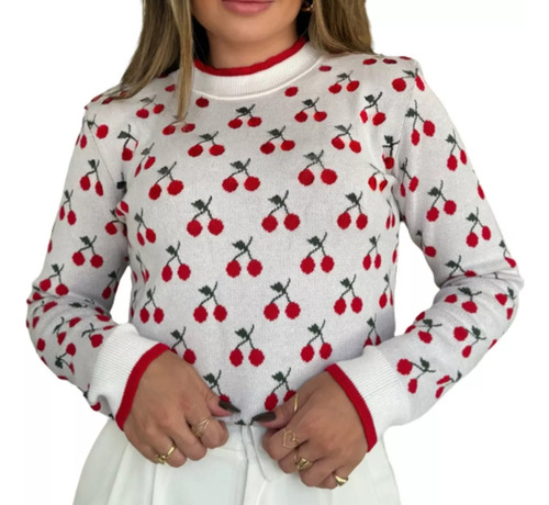 Blusa Sueter Feminino Tricot Lazinha Estampa Cherry Cereja