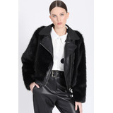 Chaqueta Biker Efecto Piel Y Cuero, Negro Liola