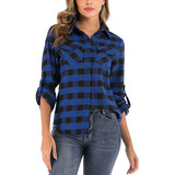 Camisa De Cuadros For Mujer Con Bolsillos Con Botón