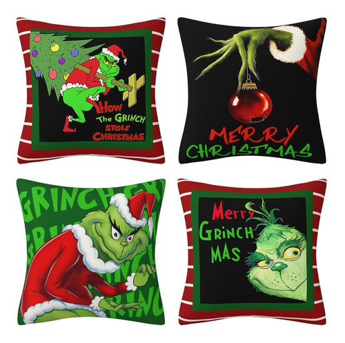 Juego De 4 Fundas De Almohada Navideñas Para Sofá Grinch