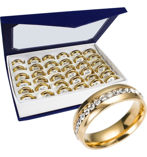 36 Alianças 6mm Com Strass Zirconia Aço Inox Atacado Dourado