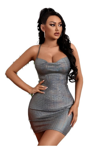 Sexy Vestido Gris Brilloso Moderno Espalda Desnuda Antro