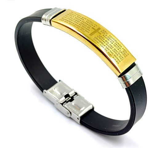 Pulseira Borracha Oração Pai Nosso Masculino Dourado Jesus  