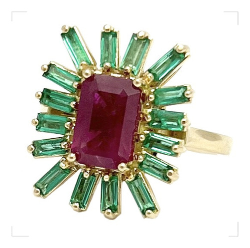 Anillo De Ruby Natural Con Esmeraldas Cuadradas Colombianas