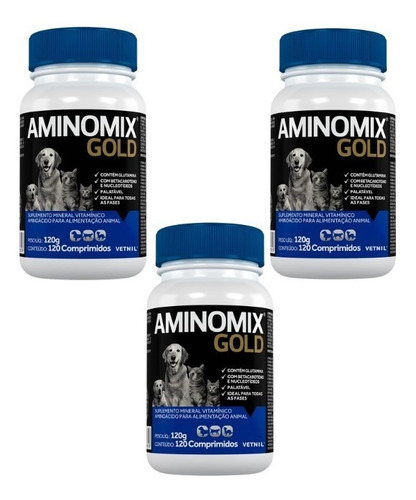 Kit C/ 3 Aminomix Gold 120g Vetnil Suplemento 120 Comprimido