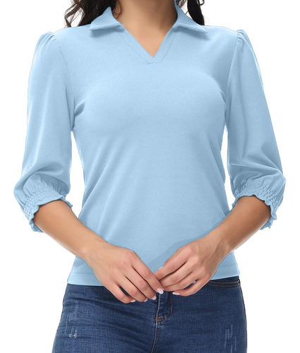 Camisa Casual Con Cuello En V De Color Liso Para Mujer