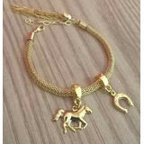 Pulseira Berloques Country Cavalo Ferradura Folheado Ouro