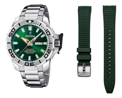 Reloj Festina Hombre Diver Acero Verde Caucho Buceo F20665.2