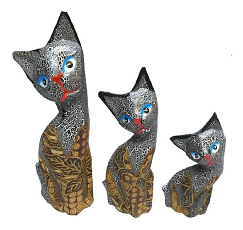 Escultura Madeira Trio De Gatos 