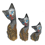 Escultura Madeira Trio De Gatos 