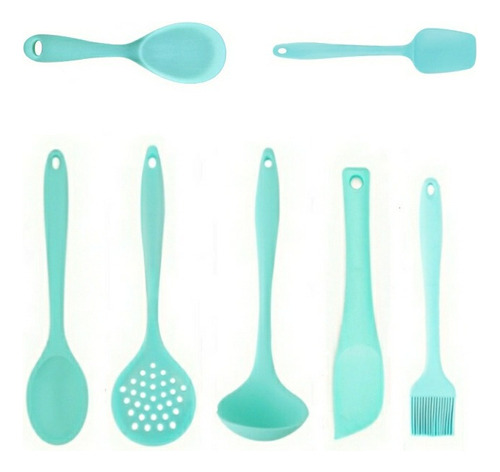 Escumadeira Concha Colher Pincel Todo Silicone 7 Peças Cor Tiffany