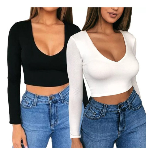 2pzs Blusa Corta Ajustada De Color Liso De Moda Para Mujer