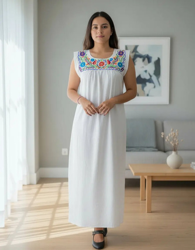 Hermoso Vestido Largo Manta Artesanal Mexicano Flores Maxi