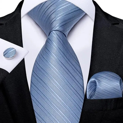Set Corbata Pañuelo Mancuernillas Seda Rayas Azul Cielo 7608 Azul Cielo Rayada