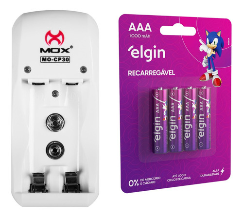 Carregador De Pilhas + 4 Pilhas Aaa Recarreg 1000 Mah Elgin