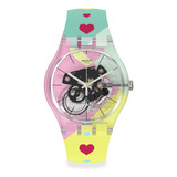 Reloj Swatch Flying Hearts By Swatch Suok144-010 Correa Multicolor Bisel Transparente Fondo Transparente