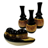 Jogo Ceramica Decorativo Centro Mesa Sala Enfeite Conjunto Cor Cristal Preto Dourado