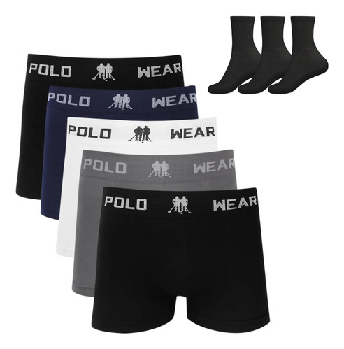 Kit 5 Cueca Boxer Polo Wear Microfibra Sortido + 3 Meias M11