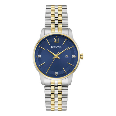 Reloj Bulova Mujer 98p233 Correa Bitono Plateado\u002FDorado Bisel Dorado Fondo Azul oscuro | Envío gratis
