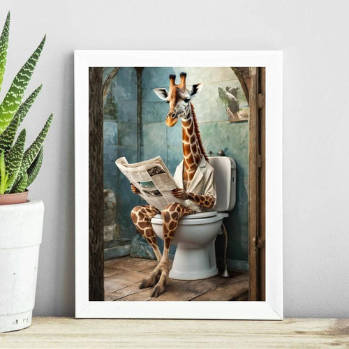 Quadro Banheiro Girafa Lendo Jornal No Vaso 24x18cm - Vidro
