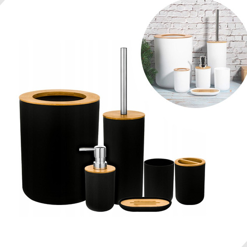 Conjunto Banheiro Lixeira Saboneteira Kit 6 Peças Bambu 