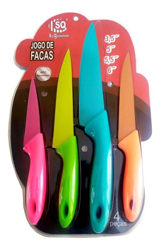 Kit Jogo De 04 Facas Coloridas De Cozinha Aço Inoxidável