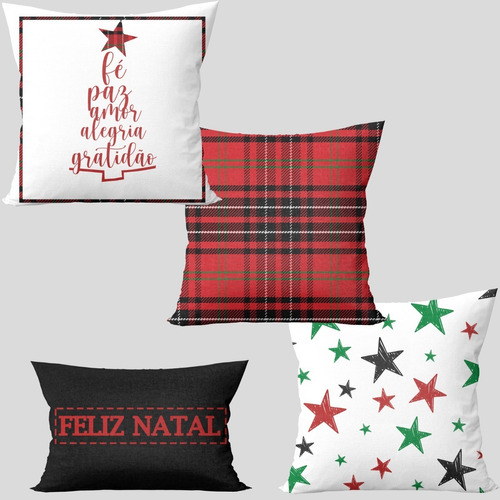 Kit 4 Capas Almofadas Feliz Natal Xadrez Vermelho Noel 45x45