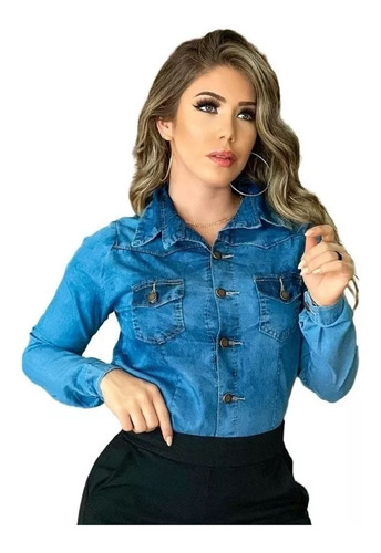 Camisa Jeans Feminina Deluxe Manchada Acinturada - Novidade