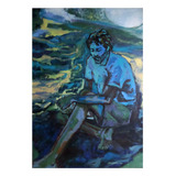 Cuadro Retrato Hombre Figura Humana Pintado Mano Azul 70x1m
