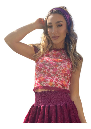 Blusa Crop Top Estampada Elegante Vestir Flores Tul Puntilla