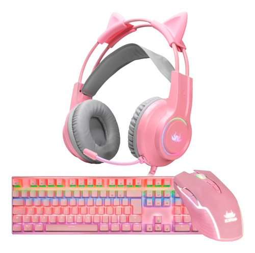 Kit Gamer Feminino Com Teclado + Fone Rosa De Gatinho