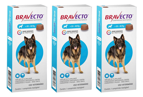 3 Un Bravecto Cães 20kg A 40kg Carrapato Original Antipulgas