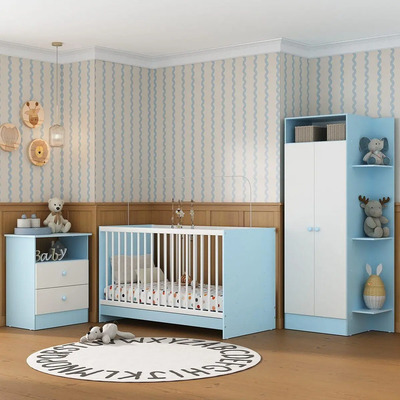 Jogo de Quarto Infantil 3 Peças Trevalla Pom Pom Azul e Branco para Bebês | Parcelamento sem juros
