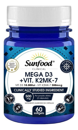 Suplemento Sunfood Mega D3 Vitamina D3 + K2 - 60 Cápsulas