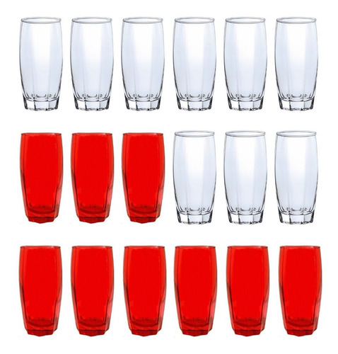 Kit Copo Vidro 370ml 9 Vermelho / 9 Transparente Florida