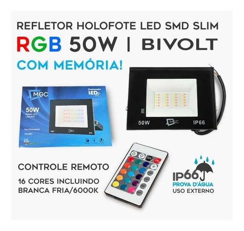 3 Refletor Holofote Led Rgbw 50w Slim Bivolt Ip66 C/ Memória