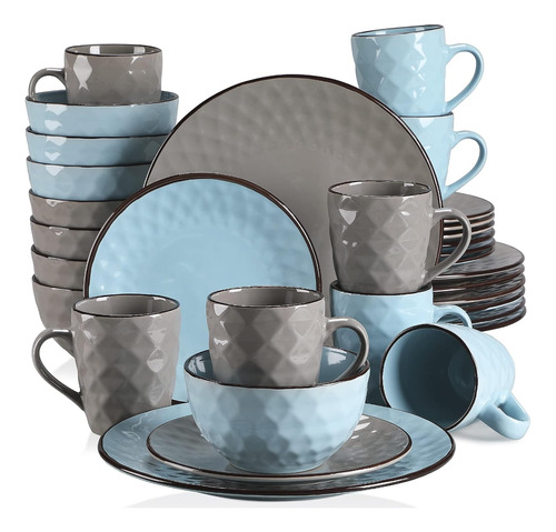 Set De Platos Vajilla Azul Gris Con Bo Porcelana 32 Pzs Gem