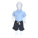 Conjunto Body Social Bebe Manga Curta Short Azul Com Cordão