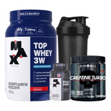 Kit Whey Protein Top Whey 3w 900g + Bcaa + Creatina + Shaker Sabor Morango