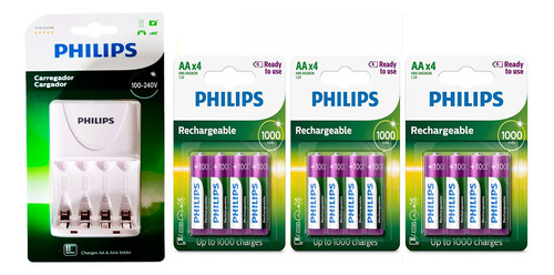 Carregador Philips 12 Pilha Recarregável Aaa Palito 12x