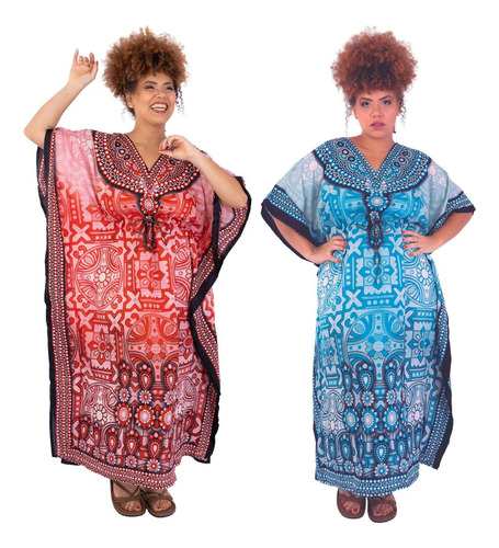 Combo 2 Vestidos Kaftan Longo Ajustável Boho Saida Praia Gg