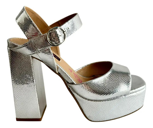 Zapatilla Con Tacón Y Correa Plata Para Mujer