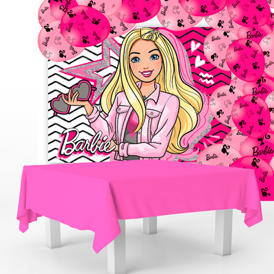 Kit Festa Barbie Decoração Toalha Rosa+ 25 Balões +painel